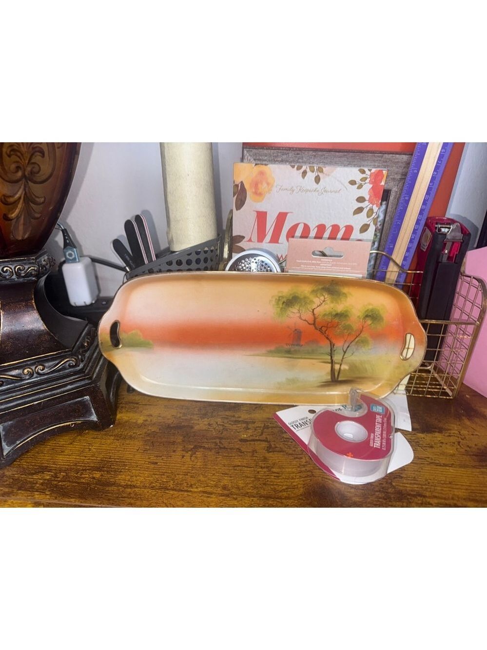 Vintage Japan tray windmill scene orange scenic, pattern, trees  - Picture 9 of 9